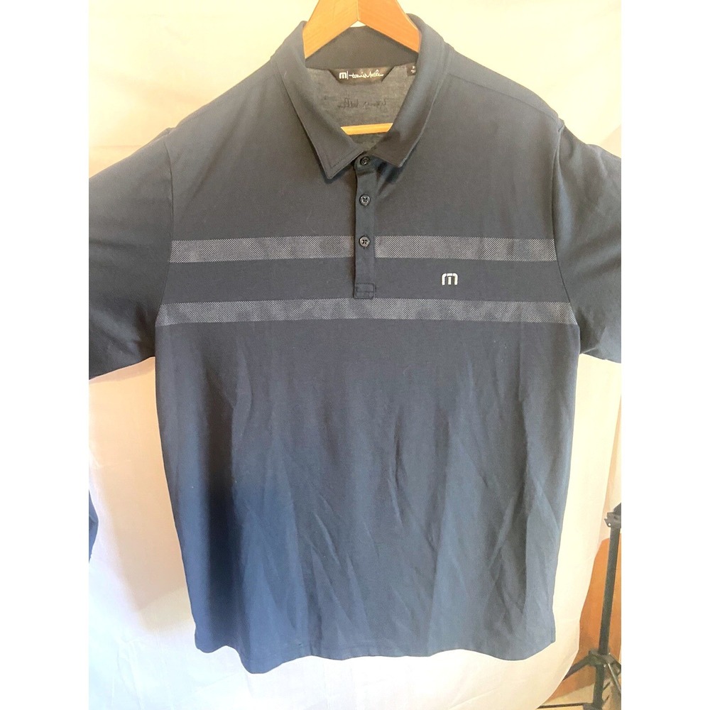 Travis Mathew XL Long Sleeve Polo Shirt Navy Blue Striped Performance Stretch